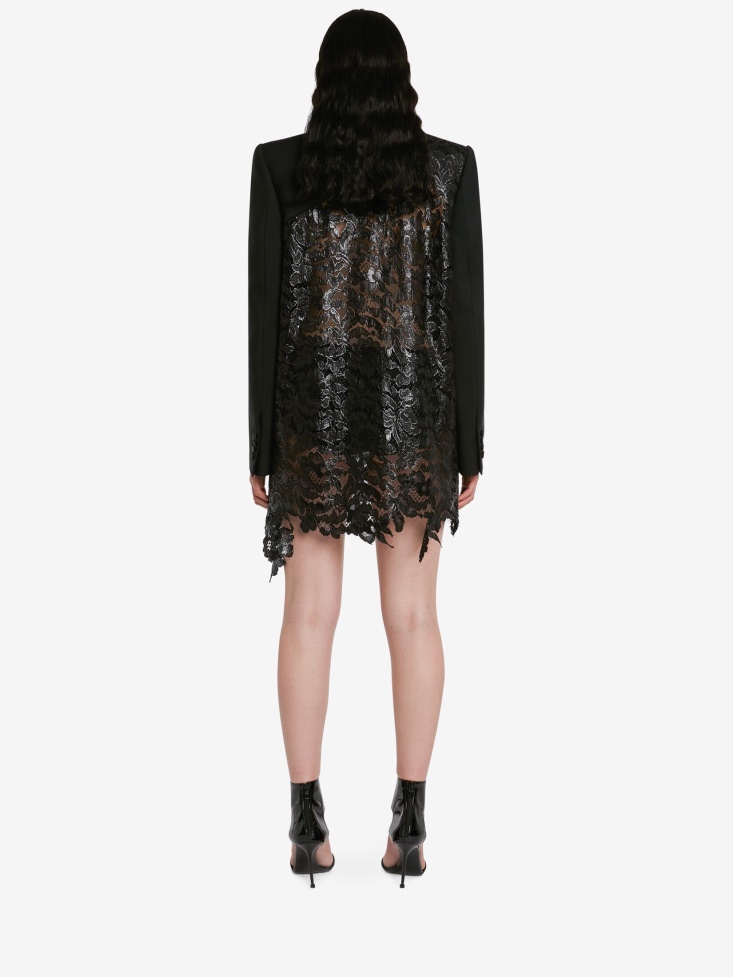 Fashion Alexander McQueen Women's Slashed Lace Detail Double-Breasted Jacket Black