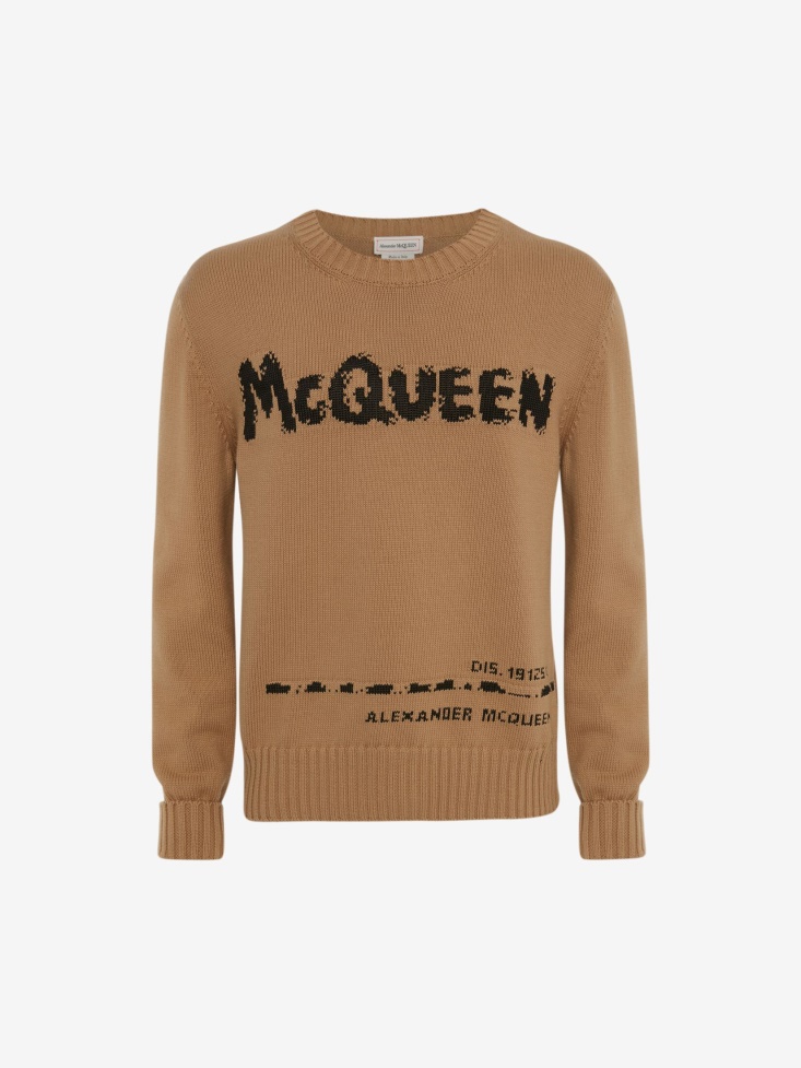Black/Beige Fashion Alexander McQueen Men's in Graffiti Crew Neck Jumper