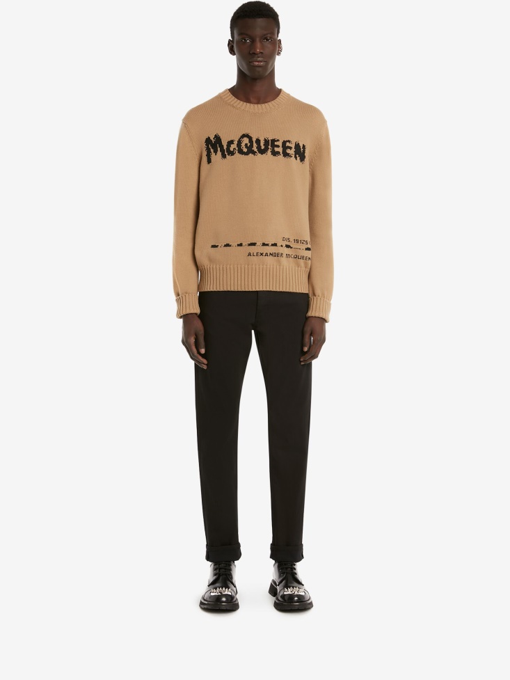 Black/Beige Fashion Alexander McQueen Men's in Graffiti Crew Neck Jumper