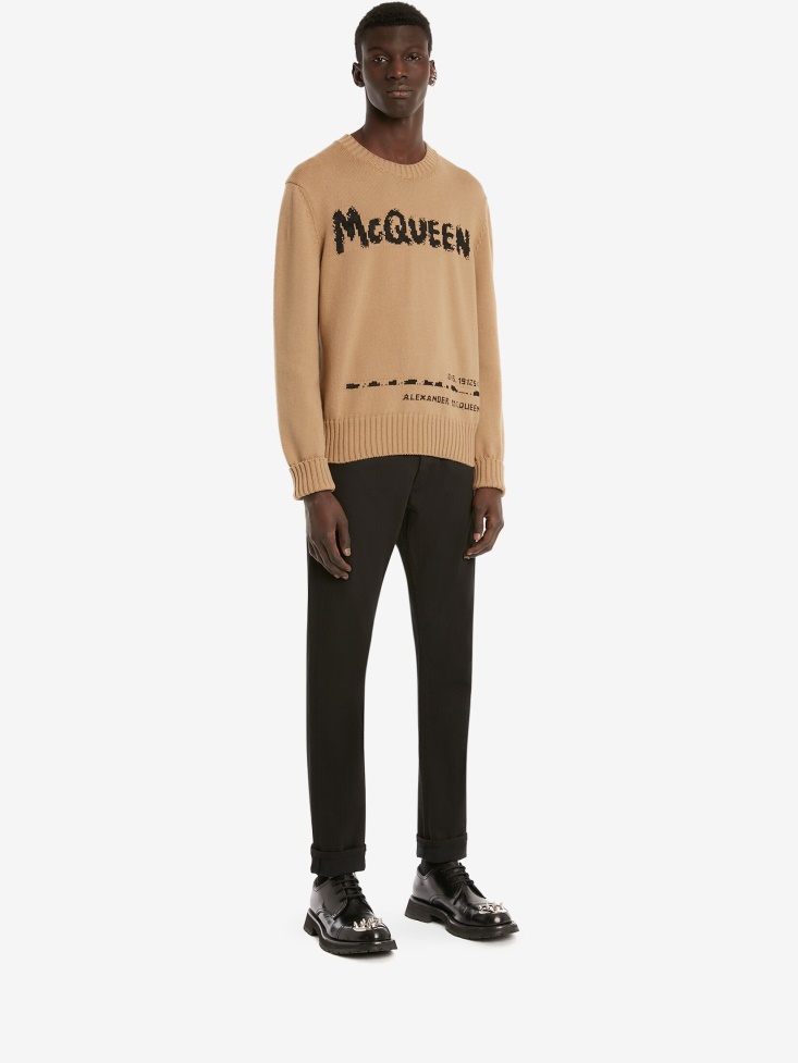 Black/Beige Fashion Alexander McQueen Men's in Graffiti Crew Neck Jumper