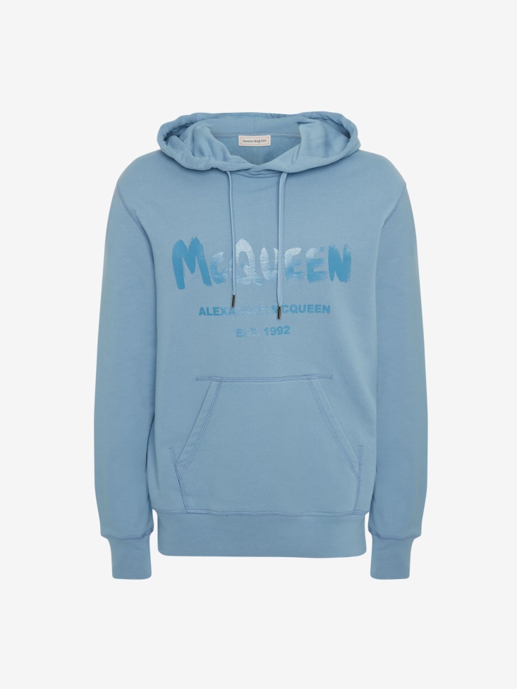 Fashion Alexander McQueen Sky Blue Men's in Graffiti Hooded Sweatshirt
