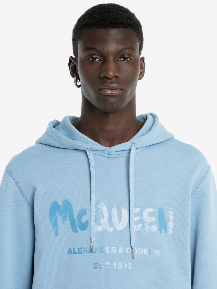 Fashion Alexander McQueen Sky Blue Men's in Graffiti Hooded Sweatshirt