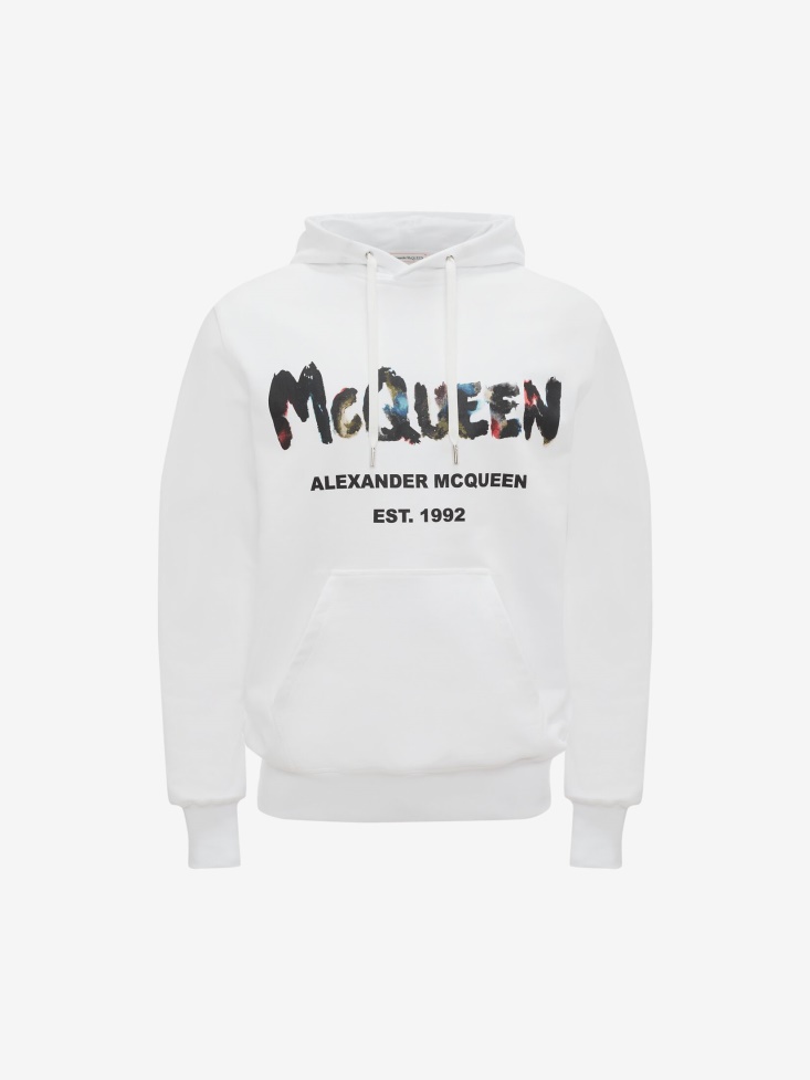 Fashion Alexander McQueen Men's Watercolour Graffiti Hooded Sweatshirt White/Multicolour