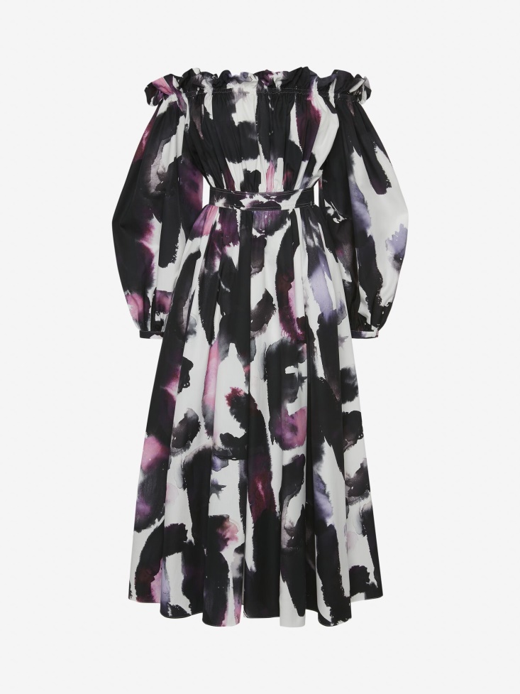 Fashion Alexander McQueen Women's Watercolour Graffiti Off-The-Shoulder Midi Dress White/Multicolour