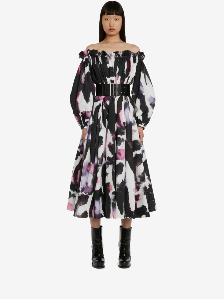 Fashion Alexander McQueen Women's Watercolour Graffiti Off-The-Shoulder Midi Dress White/Multicolour