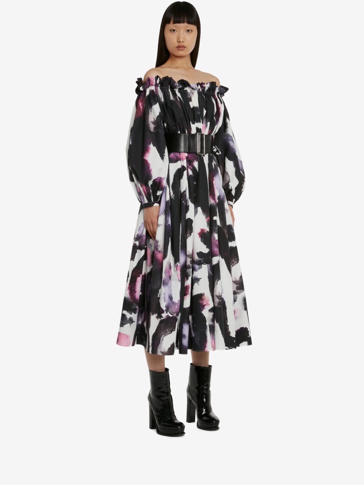 Fashion Alexander McQueen Women's Watercolour Graffiti Off-The-Shoulder Midi Dress White/Multicolour