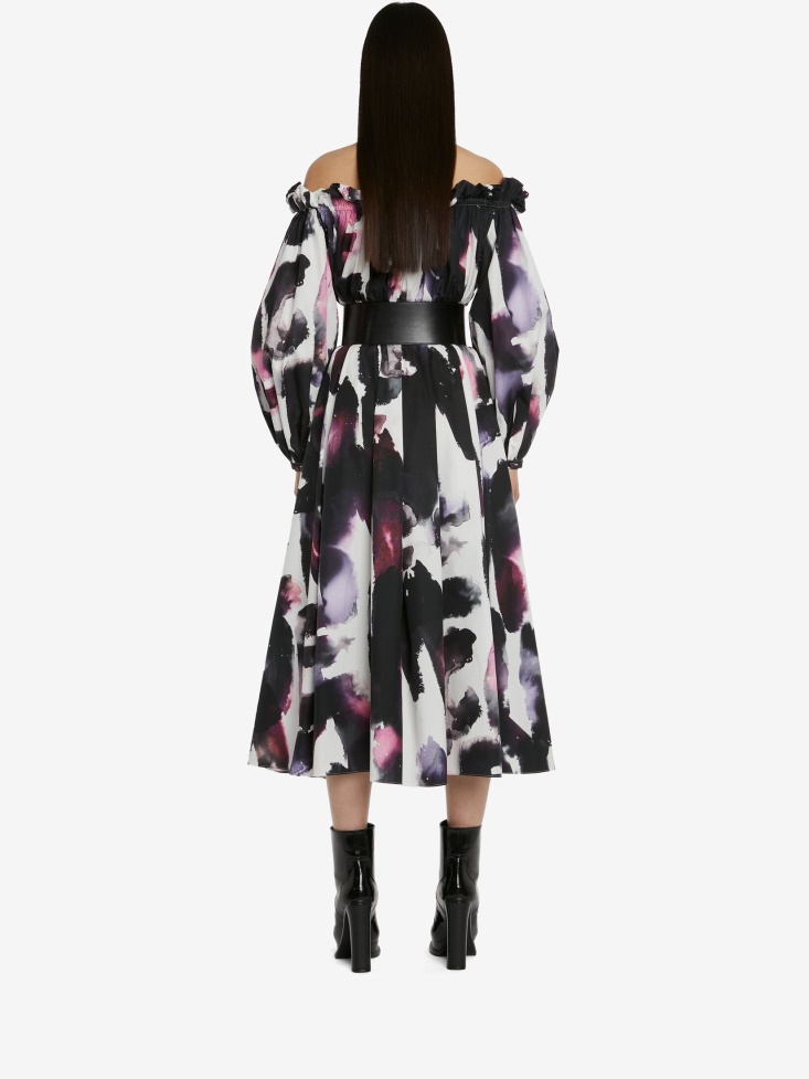 Fashion Alexander McQueen Women's Watercolour Graffiti Off-The-Shoulder Midi Dress White/Multicolour
