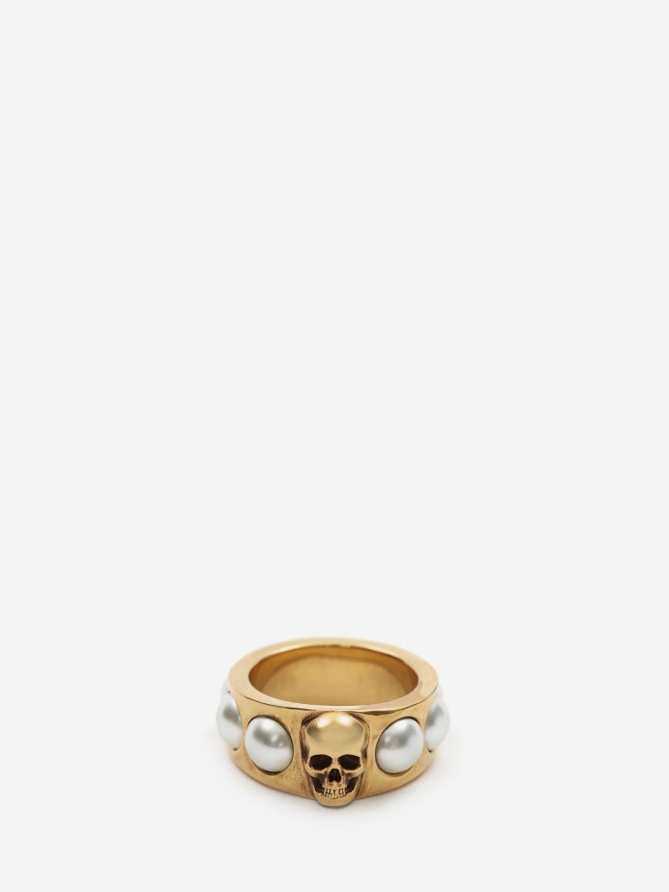 Antique Gold Fashion Alexander McQueen Women's Pearl Skull Ring