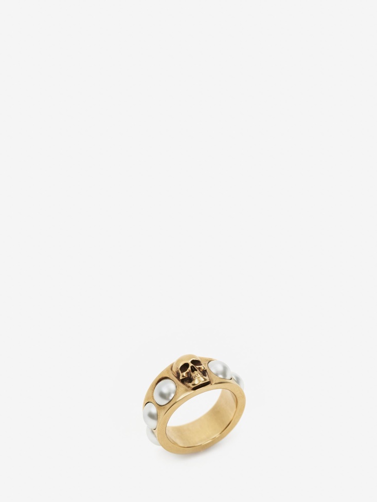 Antique Gold Fashion Alexander McQueen Women's Pearl Skull Ring