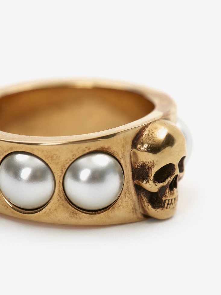 Antique Gold Fashion Alexander McQueen Women's Pearl Skull Ring