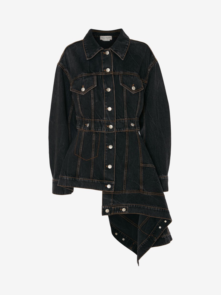 Women's Pieced And Patched Asymmetric Denim Jacket Stone Washed Black Fashion Alexander McQueen