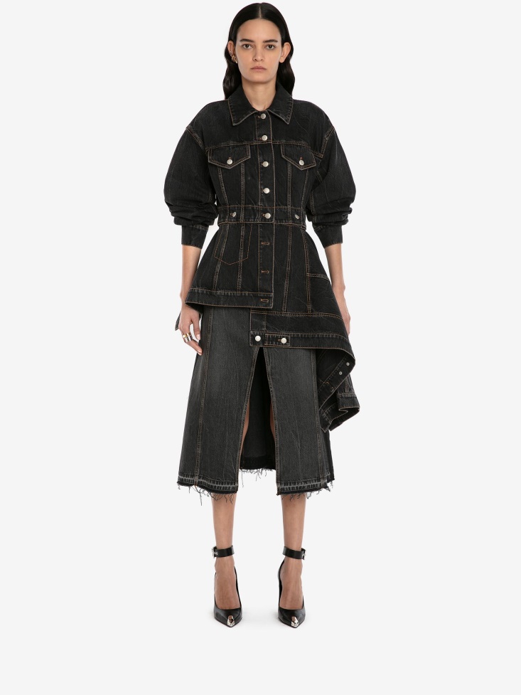 Women's Pieced And Patched Asymmetric Denim Jacket Stone Washed Black Fashion Alexander McQueen