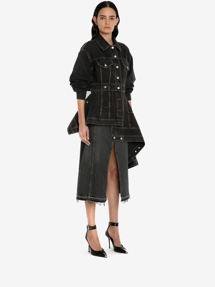 Women's Pieced And Patched Asymmetric Denim Jacket Stone Washed Black Fashion Alexander McQueen