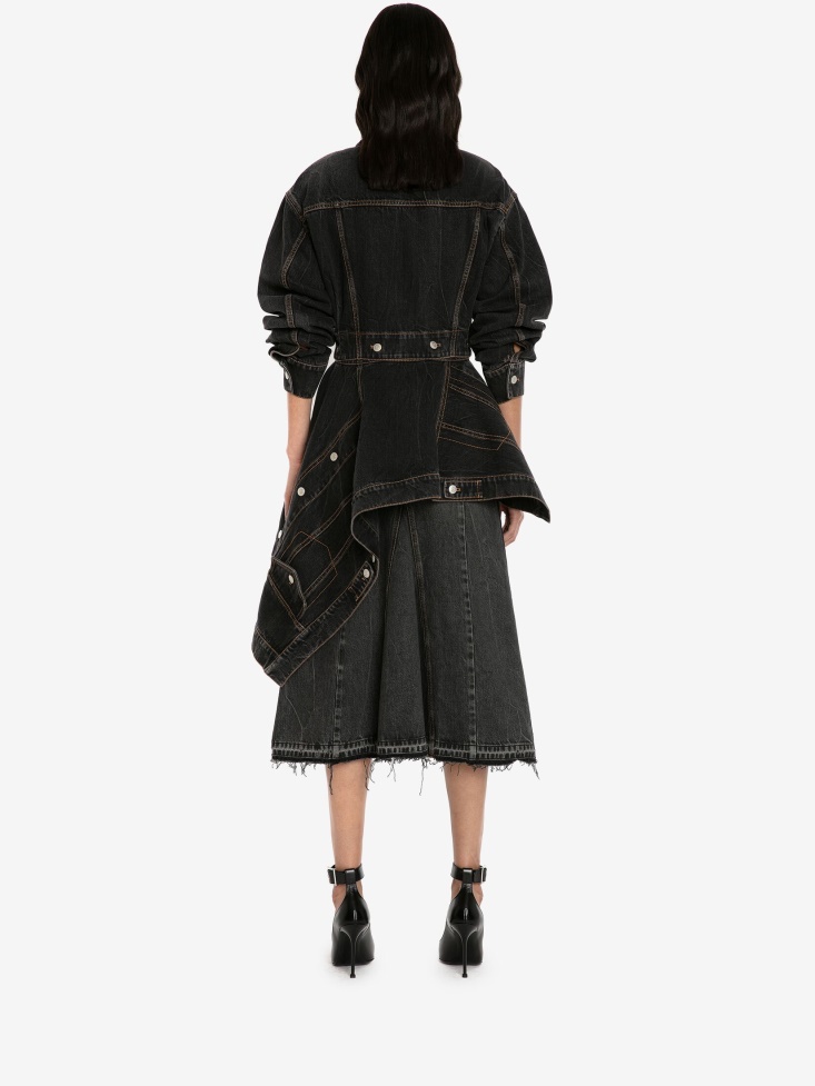 Women's Pieced And Patched Asymmetric Denim Jacket Stone Washed Black Fashion Alexander McQueen