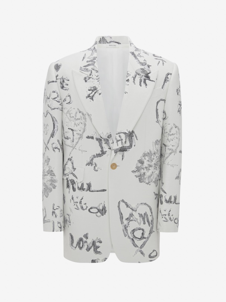 Men's Tree Graffiti Jacquard Single-Breasted Jacket Fashion Alexander McQueen Ivory/Black