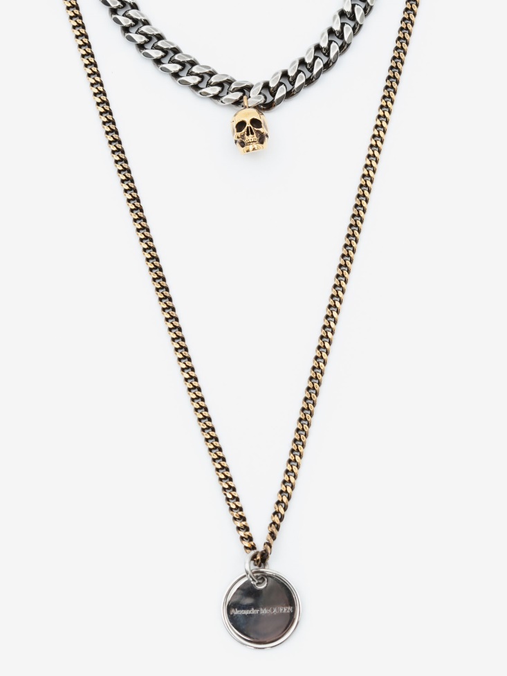 Men's Coin And Skull Double Layer Necklace Fashion Alexander McQueen Silver/Gold