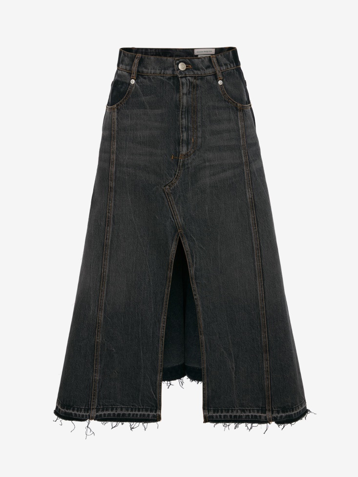 Stone Washed Black Fashion Alexander McQueen Women's Denim A-Line Skirt