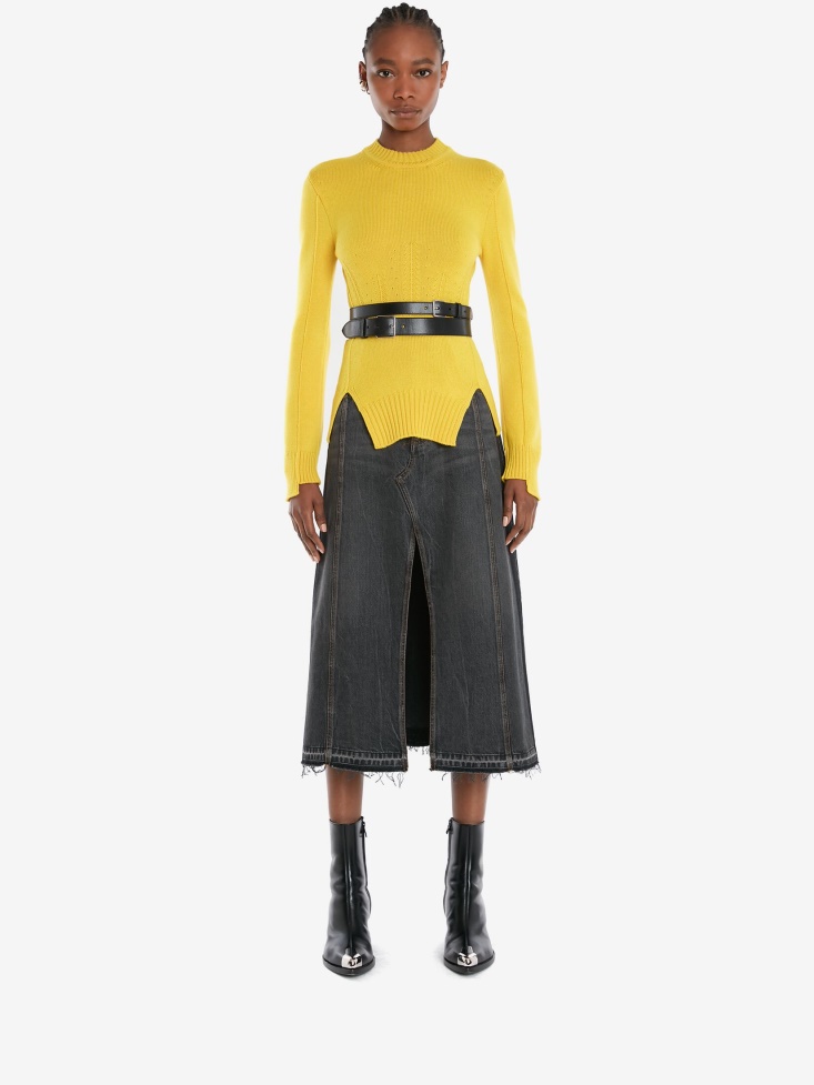 Stone Washed Black Fashion Alexander McQueen Women's Denim A-Line Skirt