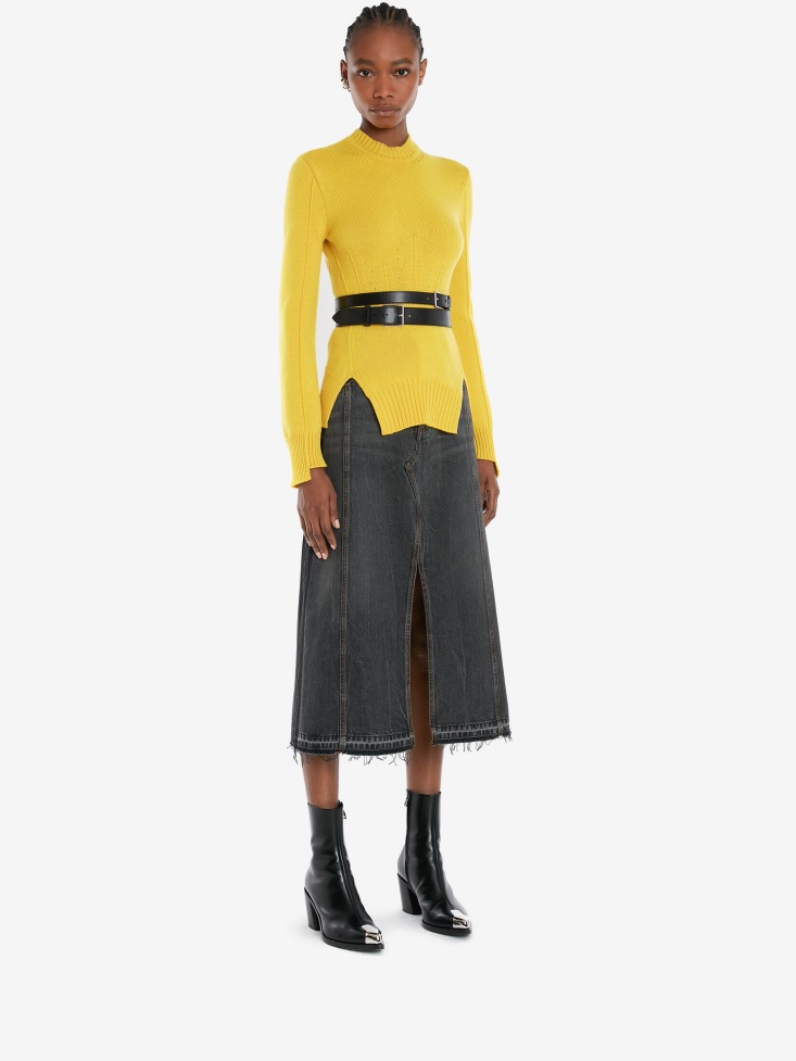 Stone Washed Black Fashion Alexander McQueen Women's Denim A-Line Skirt