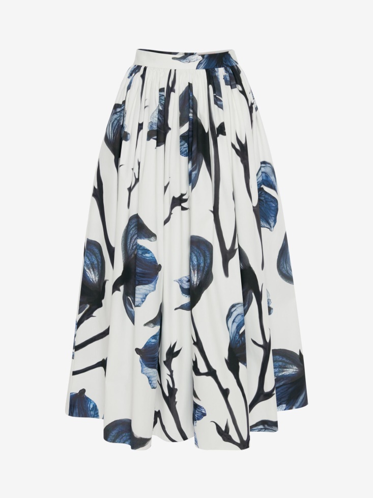 Fashion Alexander McQueen Blue Women's Cotton Poplin Bellflower Pleated Skirt