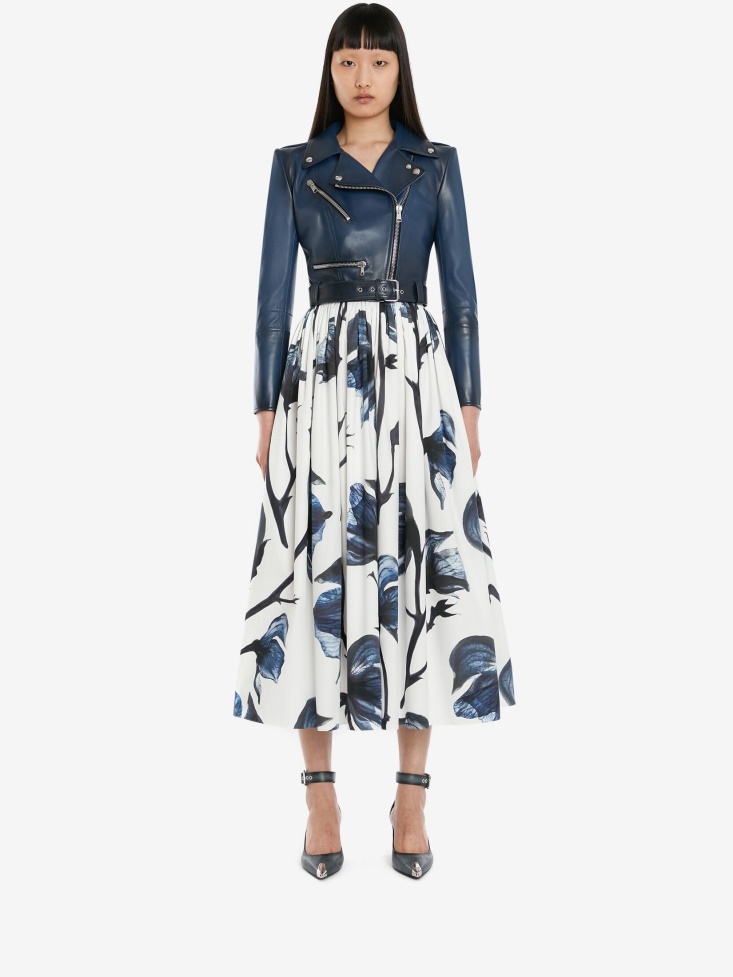 Fashion Alexander McQueen Blue Women's Cotton Poplin Bellflower Pleated Skirt