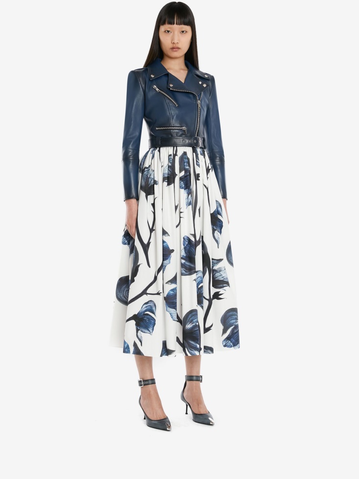 Fashion Alexander McQueen Blue Women's Cotton Poplin Bellflower Pleated Skirt