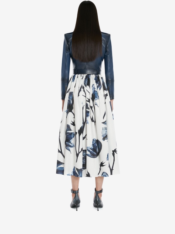Fashion Alexander McQueen Blue Women's Cotton Poplin Bellflower Pleated Skirt