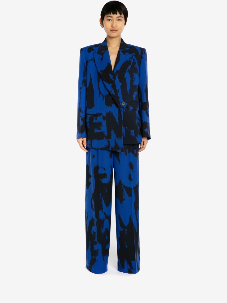 Electric Blue/Black Women's Barathea in Graffiti Wide Leg Trousers Fashion Alexander McQueen