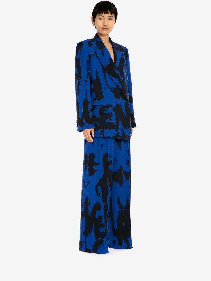 Electric Blue/Black Women's Barathea in Graffiti Wide Leg Trousers Fashion Alexander McQueen