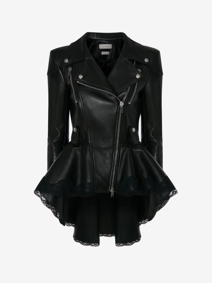 Women's Leather Peplum Biker Jacket Black Fashion Alexander McQueen