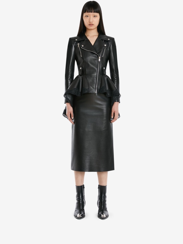 Women's Leather Peplum Biker Jacket Black Fashion Alexander McQueen