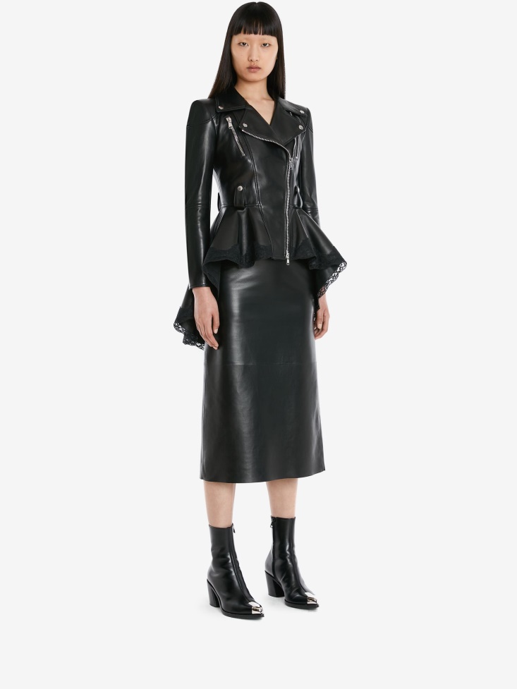 Women's Leather Peplum Biker Jacket Black Fashion Alexander McQueen