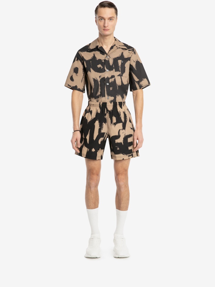 Black/Beige Fashion Alexander McQueen Men's in Graffiti Swim Shorts