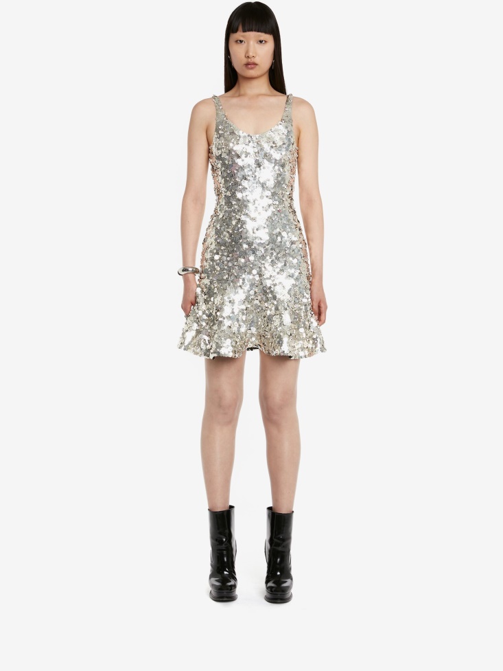 Fashion Alexander McQueen Silver Women's Metal Sequin Camisole Mini Dress