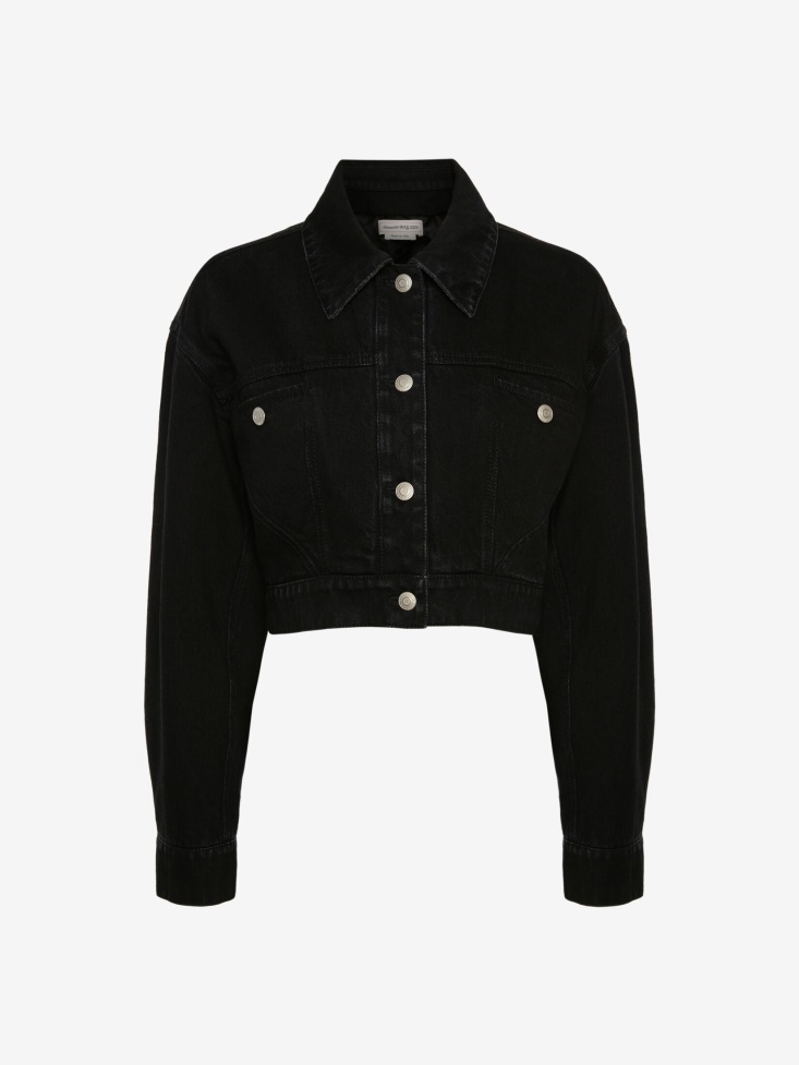 Black Women's Dropped Shoulder Cropped Denim Jacket Fashion Alexander McQueen