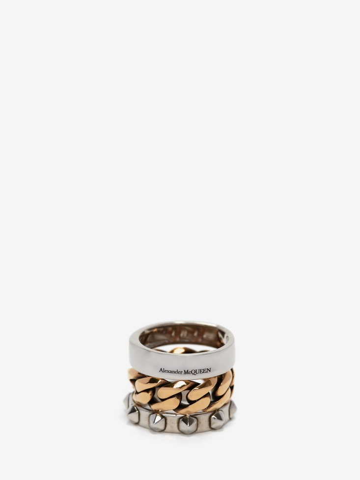 Antique Silver/Antique Gold Women's Punk Chain And Stud Double Ring Fashion Alexander McQueen