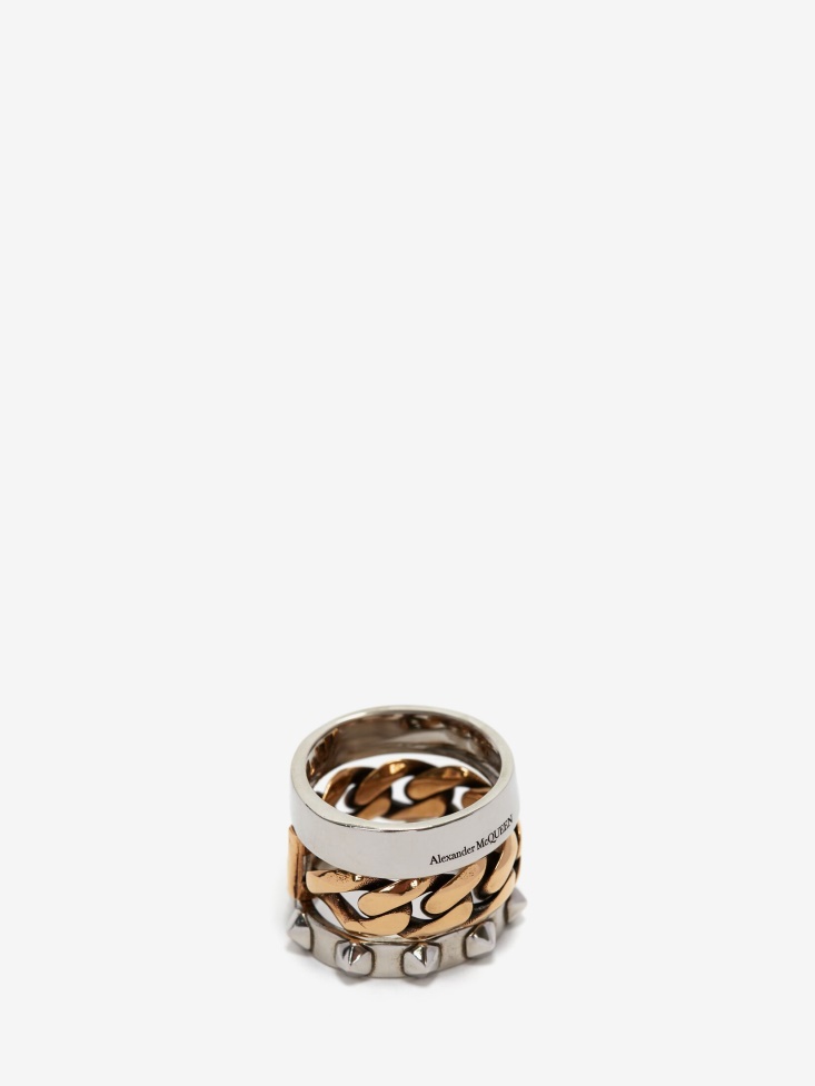 Antique Silver/Antique Gold Women's Punk Chain And Stud Double Ring Fashion Alexander McQueen