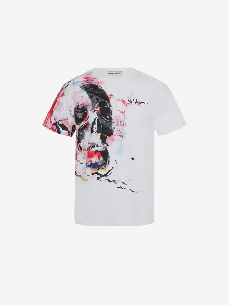 Fashion Alexander McQueen White Men's Engineered Paint Skull T-Shirt