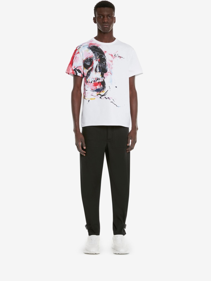 Fashion Alexander McQueen White Men's Engineered Paint Skull T-Shirt