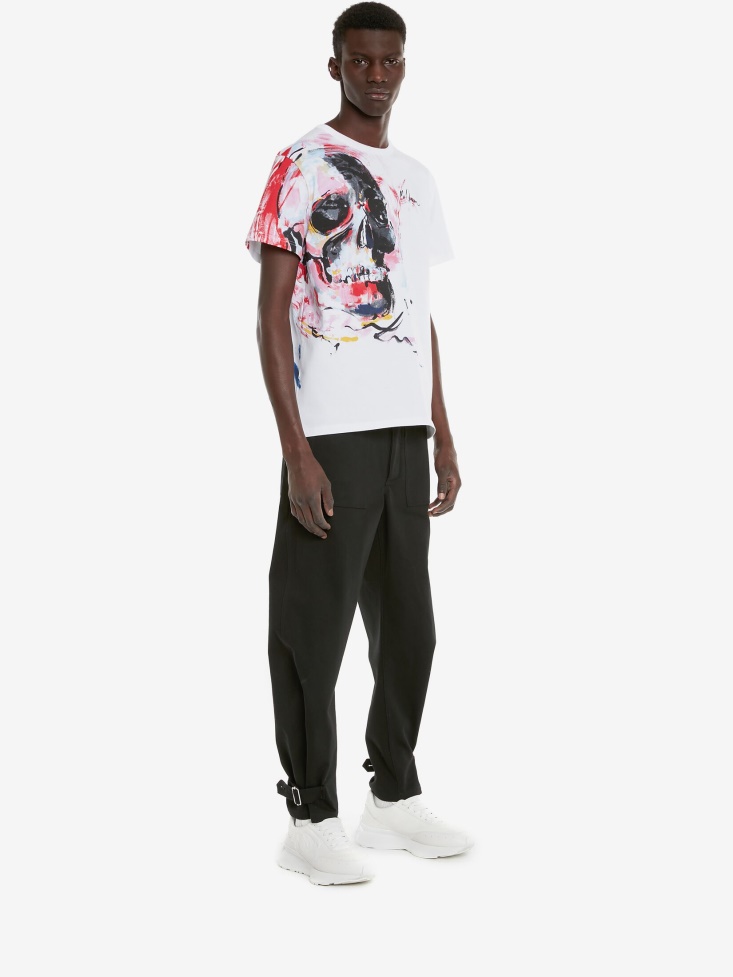 Fashion Alexander McQueen White Men's Engineered Paint Skull T-Shirt
