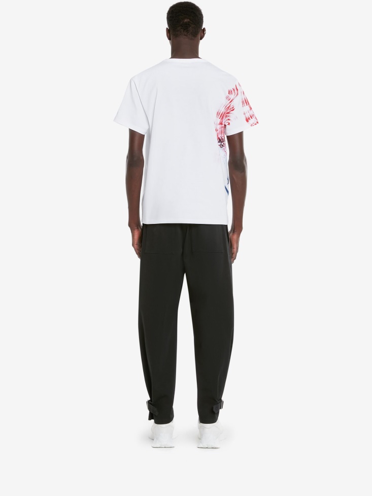 Fashion Alexander McQueen White Men's Engineered Paint Skull T-Shirt