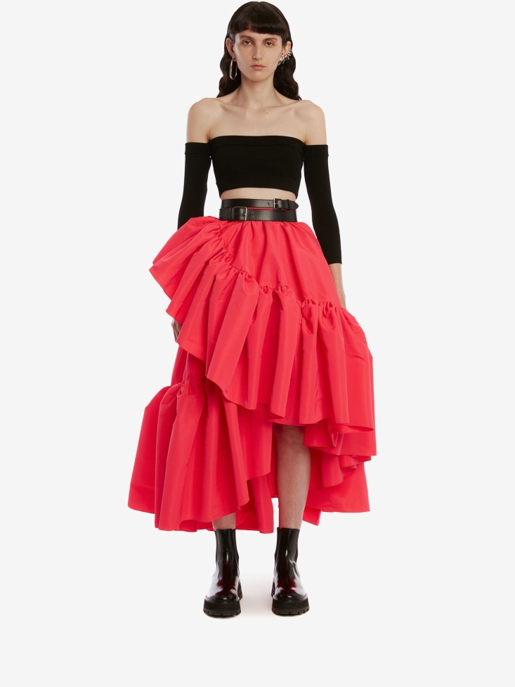 Fashion Alexander McQueen Neon Pink Women's Gathered Ruffle Midi Skirt