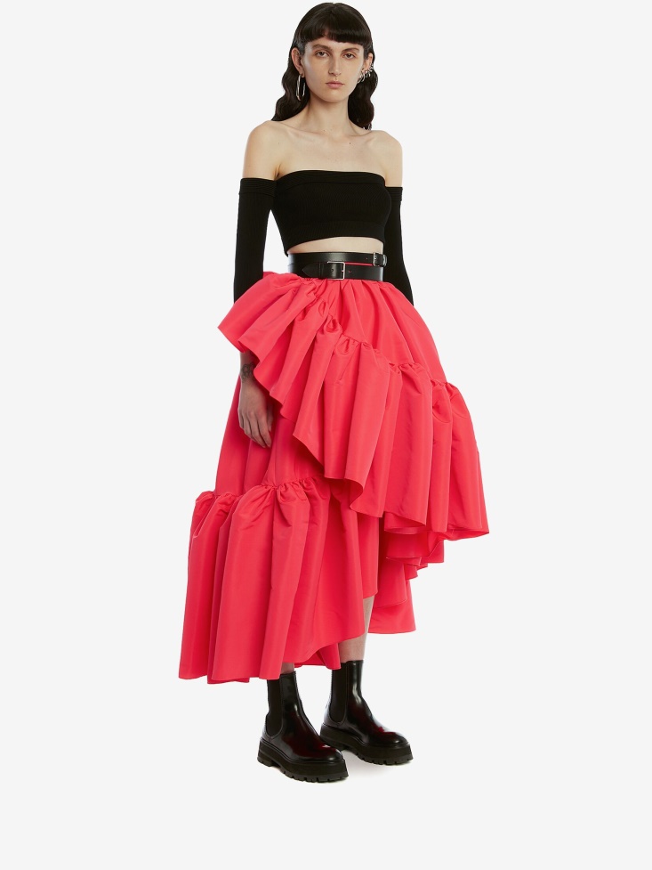 Fashion Alexander McQueen Neon Pink Women's Gathered Ruffle Midi Skirt
