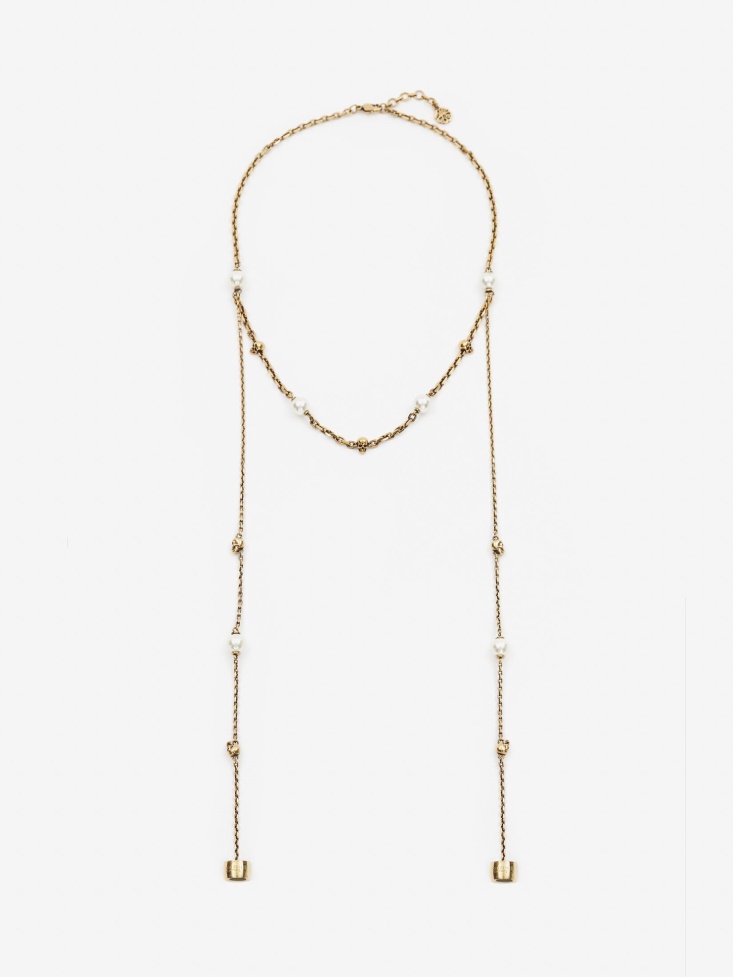 Fashion Alexander McQueen Antique Gold Women's Pearl Skull Chain Necklace For Airpods