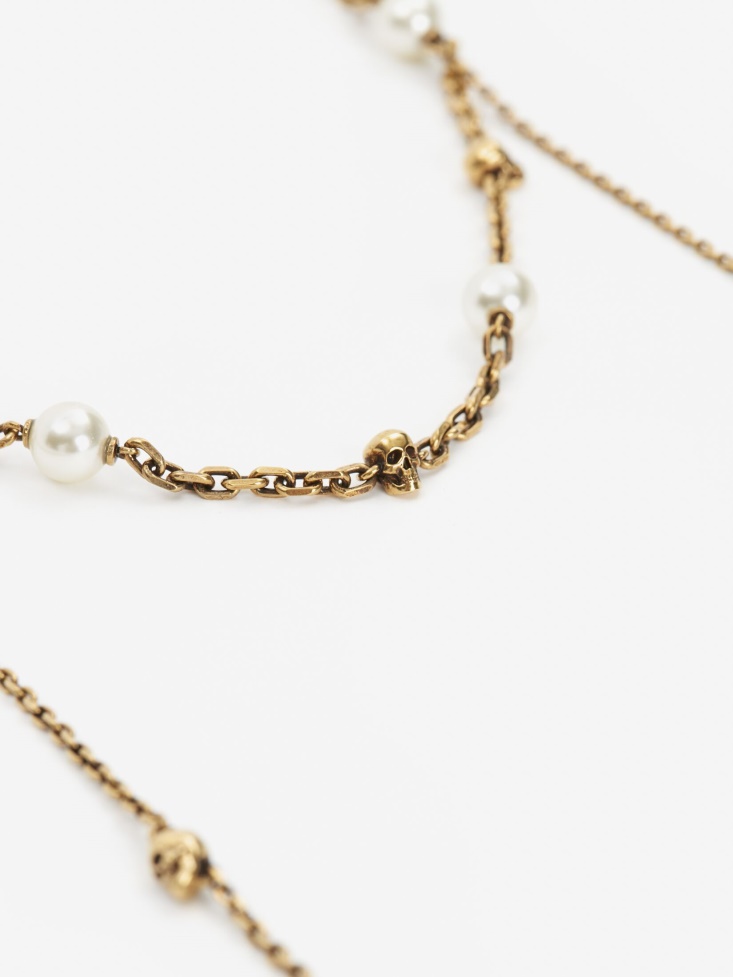 Fashion Alexander McQueen Antique Gold Women's Pearl Skull Chain Necklace For Airpods