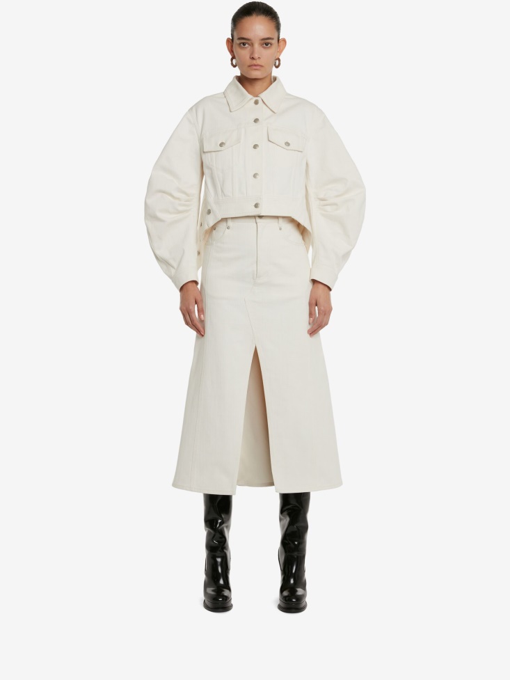 Fashion Alexander McQueen Women's Slashed Denim Skirt Ivory