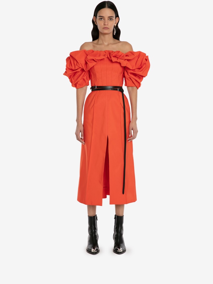 Warm Orange Women's Off-The-Shoulder Corset Dress Fashion Alexander McQueen