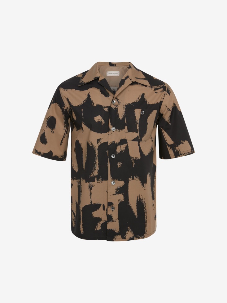 Black/Beige Fashion Alexander McQueen Men's in Graffiti Short Sleeve Shirt