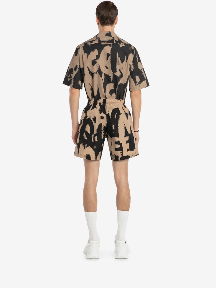 Black/Beige Fashion Alexander McQueen Men's in Graffiti Short Sleeve Shirt