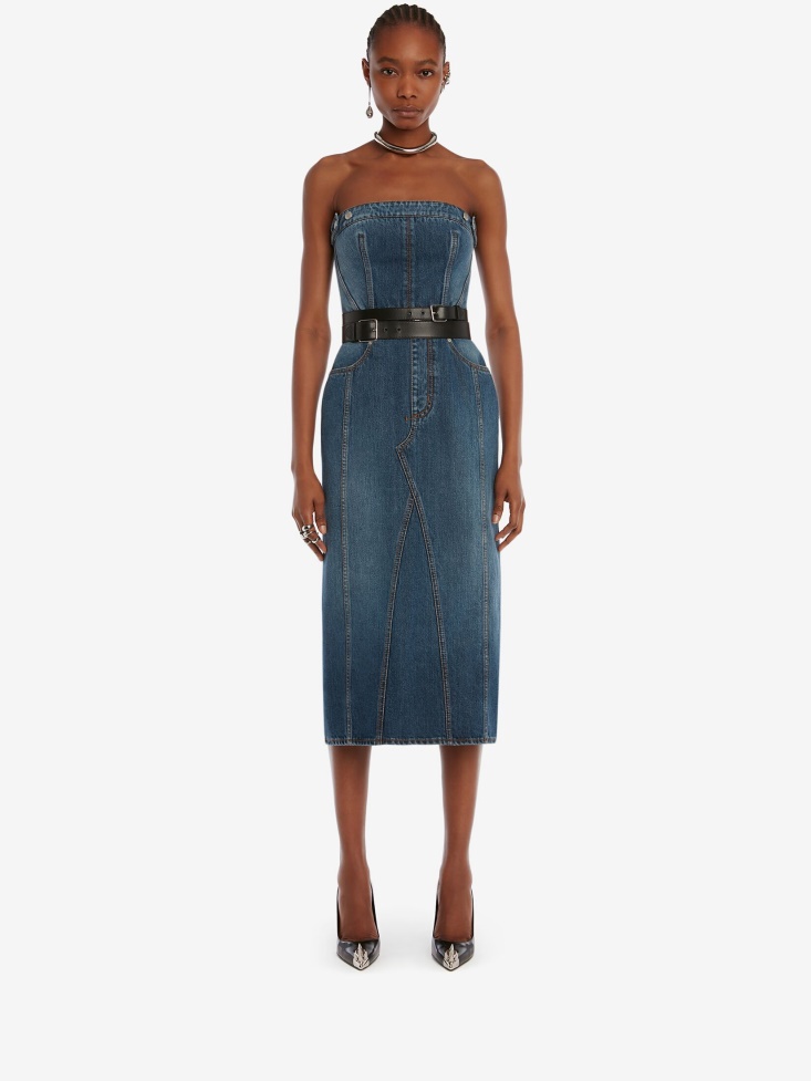 Fashion Alexander McQueen Women's Bustier Pencil Dress Denim